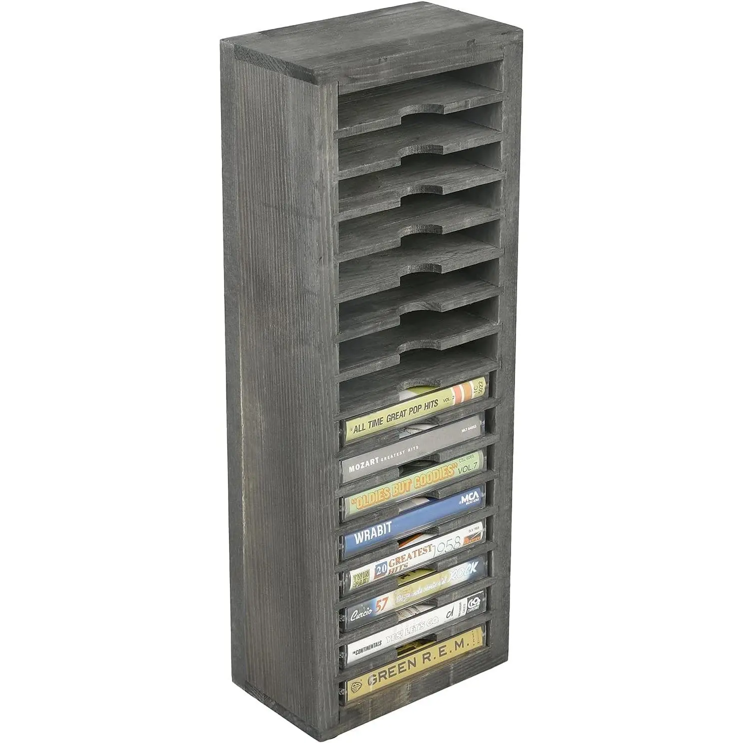 16 Slot Cassette Tapes Tower, Vintage Gray Solid Wood Freestanding Audio Compact Cassettes Slotted Storage Rack, Analog Audiotapes Holder Stand, Fits Standard Cases Up to 0.7" Thick