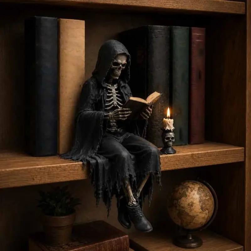 Gothic Dark Fantasy Figure, 4-Inch Mini Shadow Reading Statue, Mystical Bookshelf Resin Ornament, Perfect Gift for Fantasy Readers