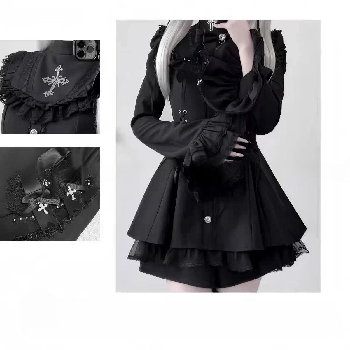 Y2k Aesthetic Lolita Style Bow Dress Shorts Set Women Kawaii Lace Flare Sleeve Bow Shirt Dress Japanese Punk Party Mini Dress