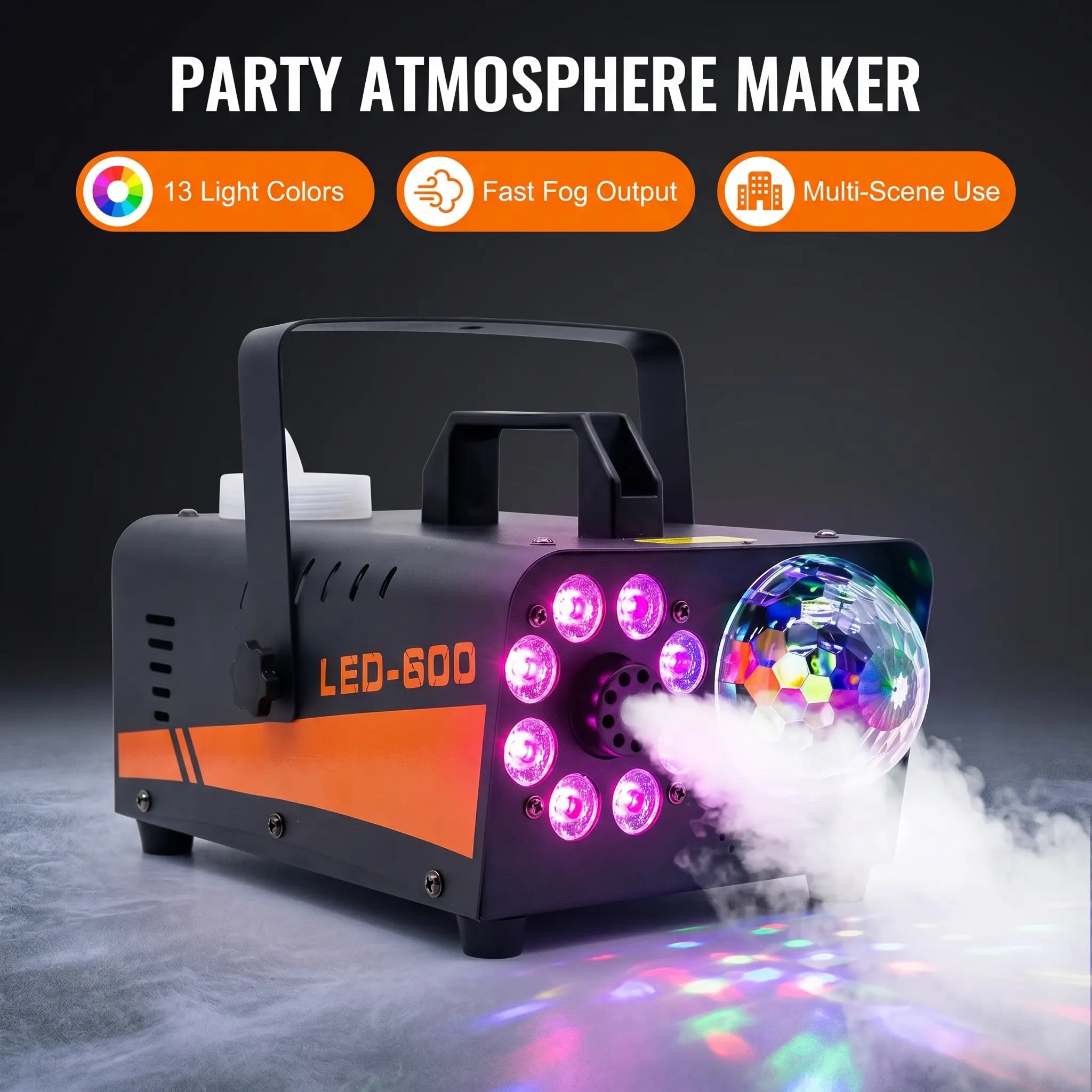 Fog Machine, Smoke Machine for Party, 600W with 8 LED Lights & Magic Ball Light Strobe Effect with Wireless Remote Control for Wedding Stage Halloween
