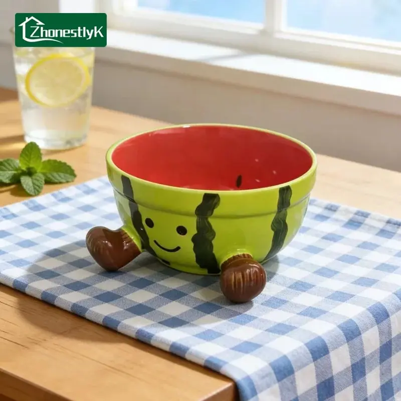 Cute Watermelon Ceramic Salad Bowl Family Fruit Snack Rice Bowls Cartoon Kitchen Utensils Accessories Salad Serving Bowls