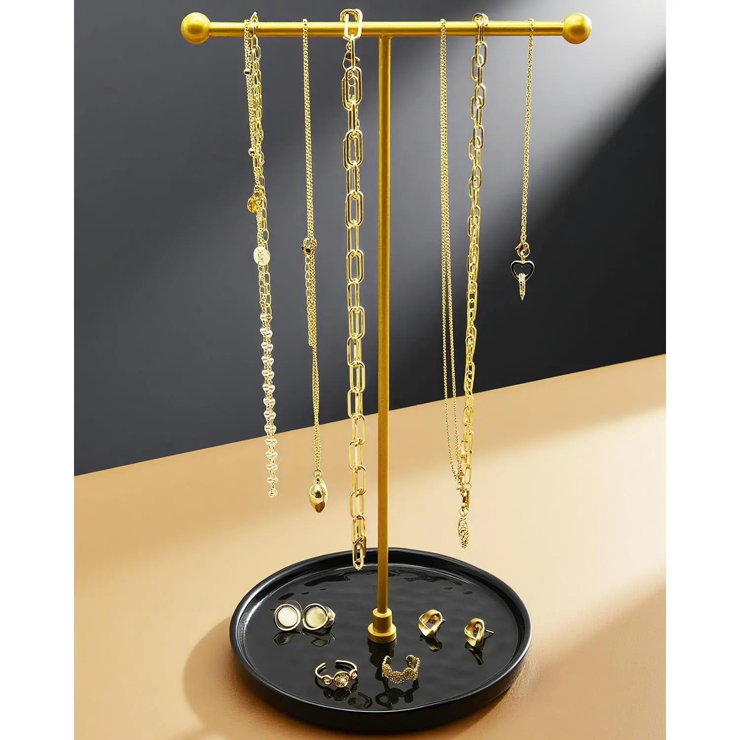 Necklace Holder with Ceramic Base,1FT Height Stand,Cir.BK-Gd | Wobble-free with Heavy Load Capacity,Aesthetic  Hanger Display for Necklaces,Bracelets, Rings,Exhibidor de Collares
