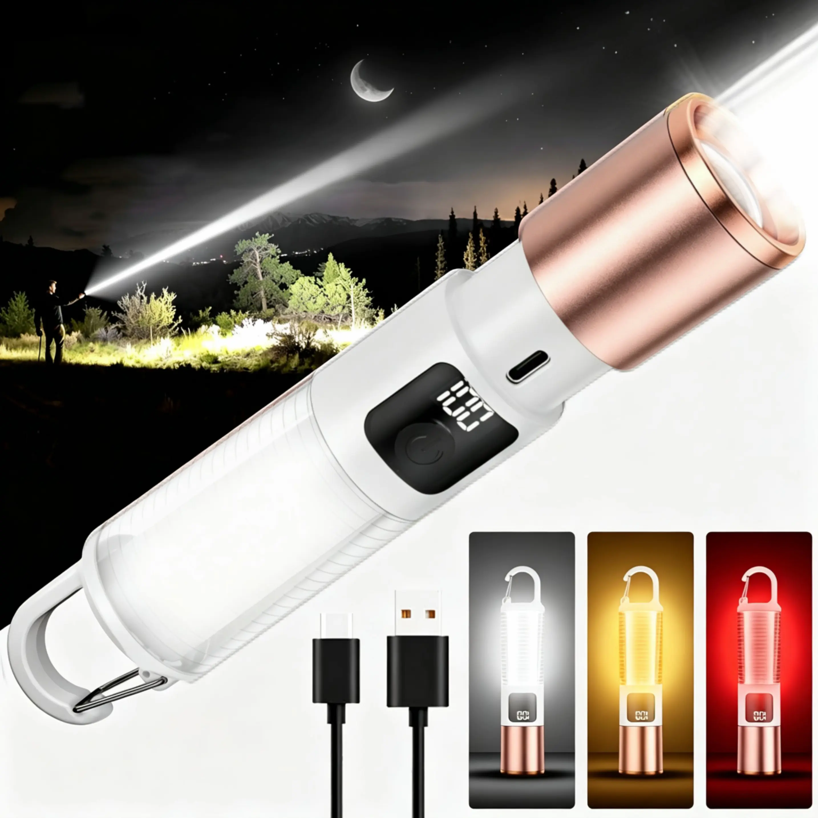Multifunctional Zoomable Camping Flashlight, Aluminum Alloy Lamp Head With Carabiner Hook, 360° Warm Ambient Tube Light, Telescopic Adjustable Spotlight Floodlight, Digital Power Display, Red SOS Strobe Flash Rechargeable