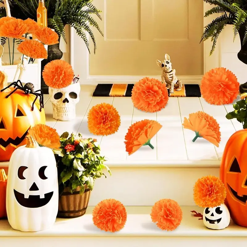 33-piece set of artificial marigolds, perfect for Diwali, Day of the Dead, and weddings—realistic orange marigolds with stems, plastic table wreaths, ideal for Indian weddings, parties, and decorative arrangements