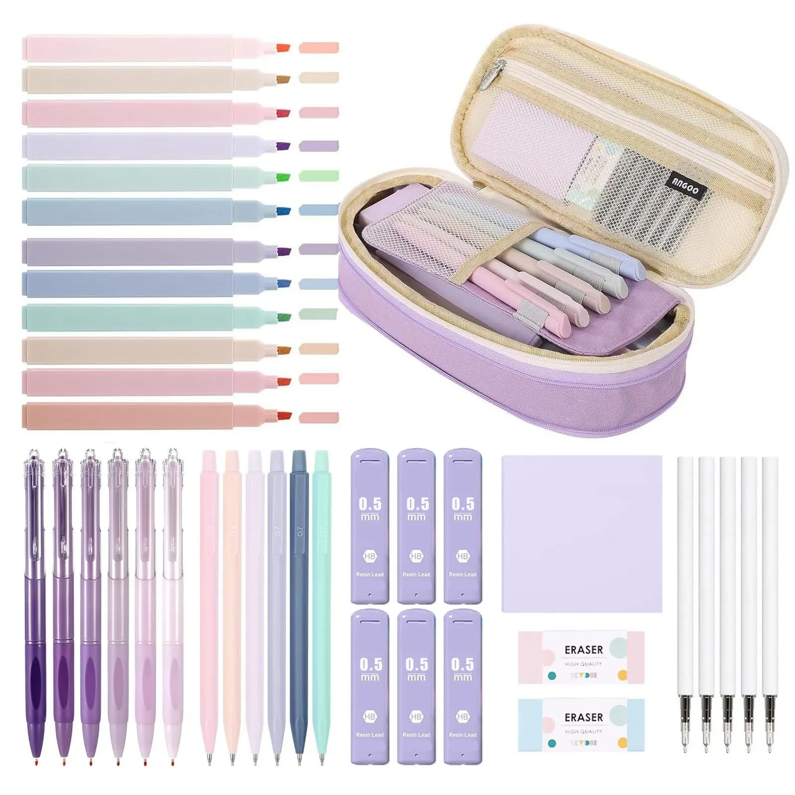 39PCS Cute School Supplies Office Stationery Set with Pen Case for Girls - 5 Black Ink Gel Pens, 12 Pastel Highlighters, 6 Aesthetic Mechanical Pencils Set for Stationary College Essentials