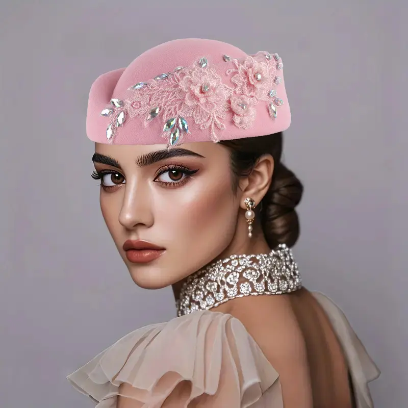 Women's Fashionable Pillbox Hat, Vintage Wool Felt Fascinator with Floral Lace & Rhinestone for Kentucky Derby, Weddings - Adjustable, 56cm/58cm, Fashionable Hats, Universal, Wrinkle Resistant, Plain, Ceremony, Durable, Elegant, Flower, Party, M（22.44-22.