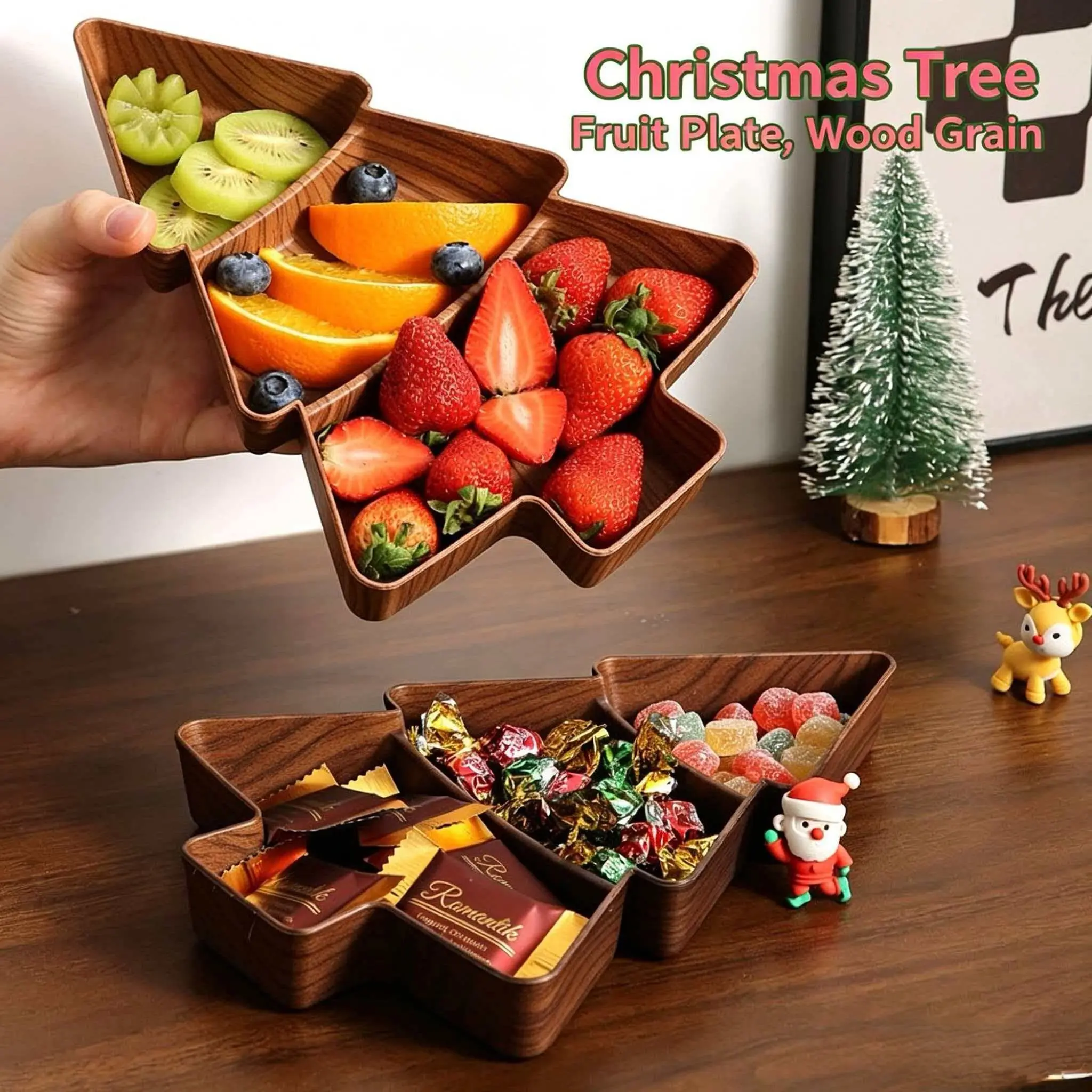 2 Piece Wooden Look Christmas Tree Fruit Bowl Candy Tray Plastic Sectional Snack Plate Fruit Dish, Festive Servingware Set, Decorative Plates