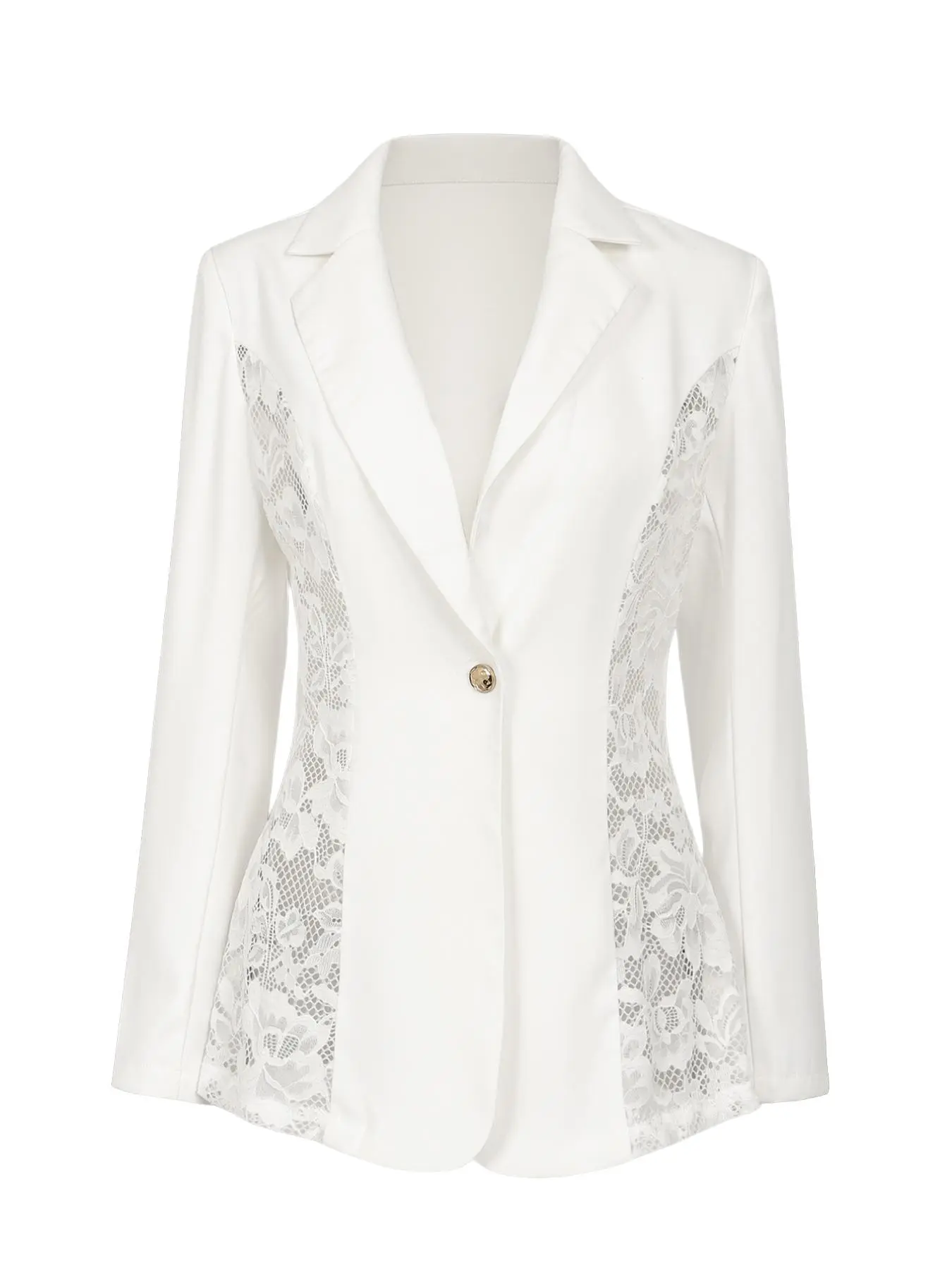 Women Floral Lace Panel Lapel Blazer, Single Button Long Sleeve, Slim Fit Elegant Blazer Jacket, Office Business Casual Outerwear, Essential Business Attire