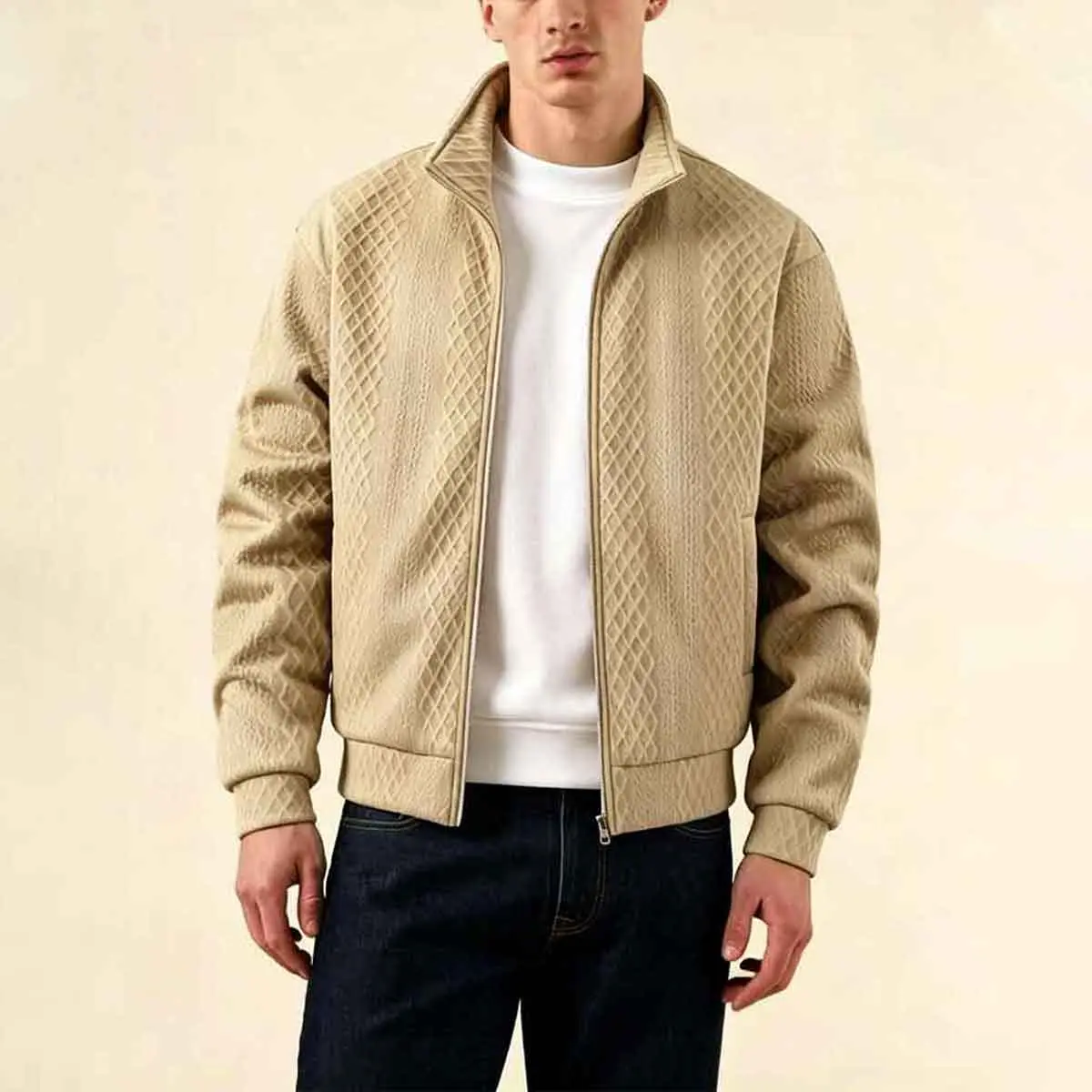 Men's diamond patterned jacquard velvet stand up collar zipper jacket, with a thick and warm inner layer and an outer layer of diamond embossed fabric, suitable for low-temperature daily wear as a long sleeved casual top.