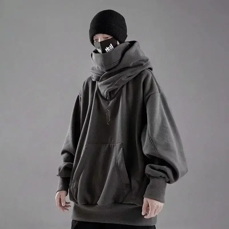 Embroidery Turtleneck Sweatshirt For Men Japanese Ninja Hoodies Autumn Hip Hop Fleece Pocket Streetwear Oversized  Hoody