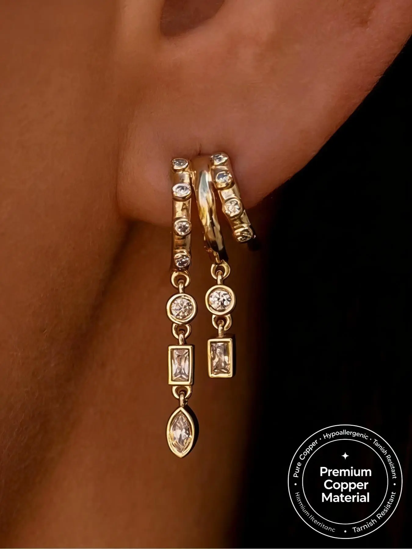 Trendy European Copper Drop Earrings for Women, Rhinestone Design, Street Style, All-Season Jewelry, Elegant and Versatile Ear Accessories