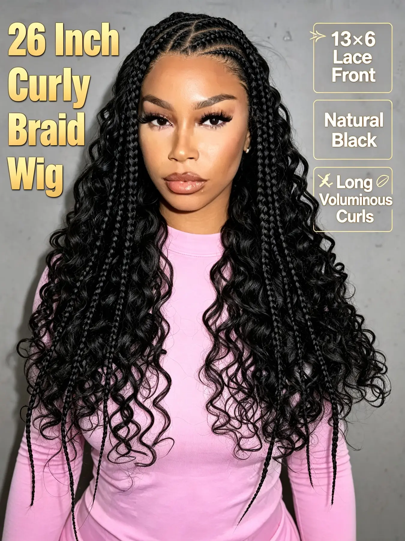 26 Inch 13*6 Lace Braided Wig for Women, Short Curly Ends, Hand-Braided Cornrow Wig, Natural 1b#, Pre Plucked Baby Hair