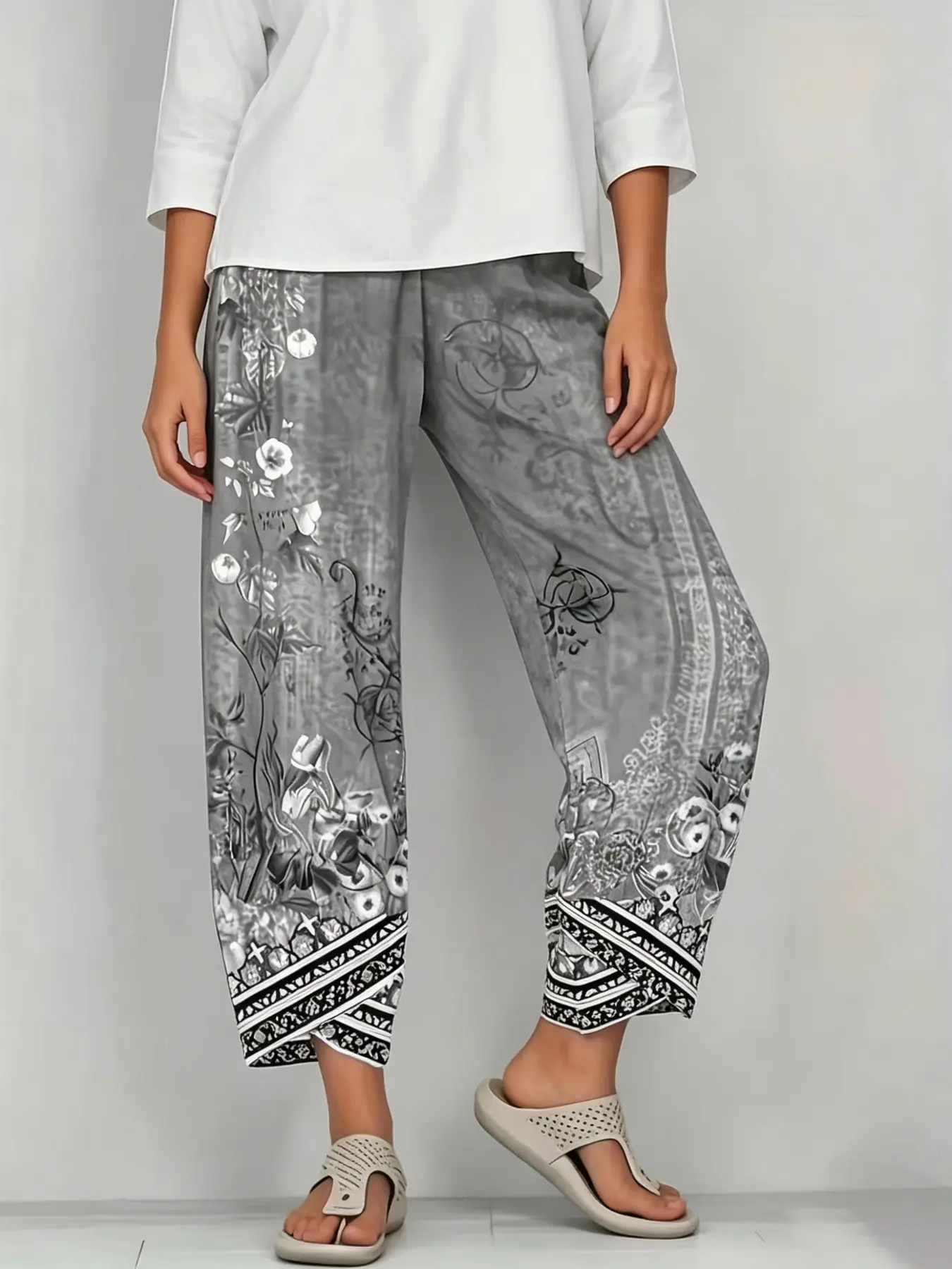 Women's Summer Wide Leg Pants, Ink Wash Print, Lightweight Loose Fit, High Waist Slimming, Bohemian Casual Harlan Pants, 9/10th Length, Boho
