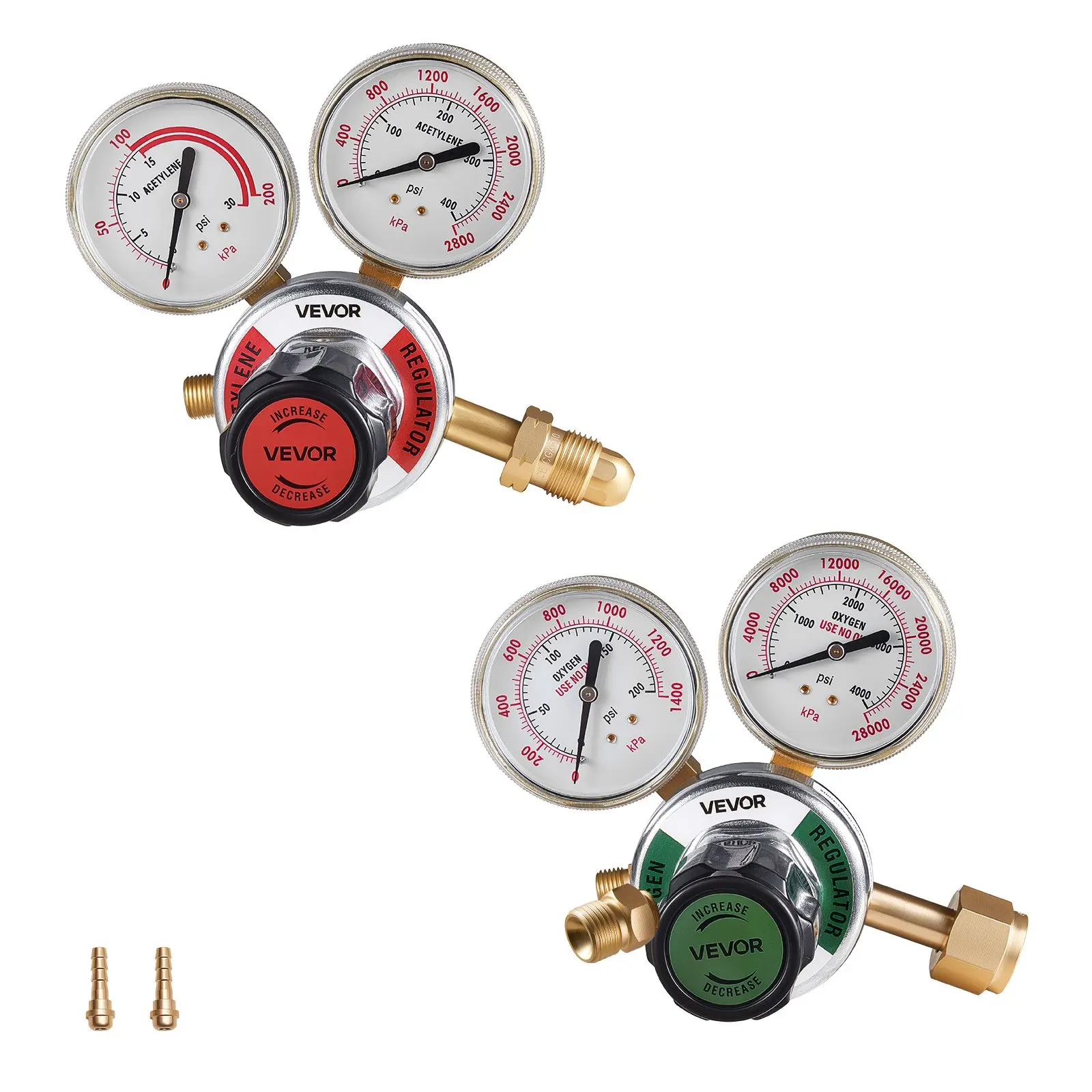 VEVOR Oxygen Acetylene Regulator + Gauges Set for Gas Welding, 0-4000 PSI Max & 0-400 PSI Gauges, CGA-540/CGA-510 Inlet, 9/16"-18 Outlet, PC Knob Adjustment