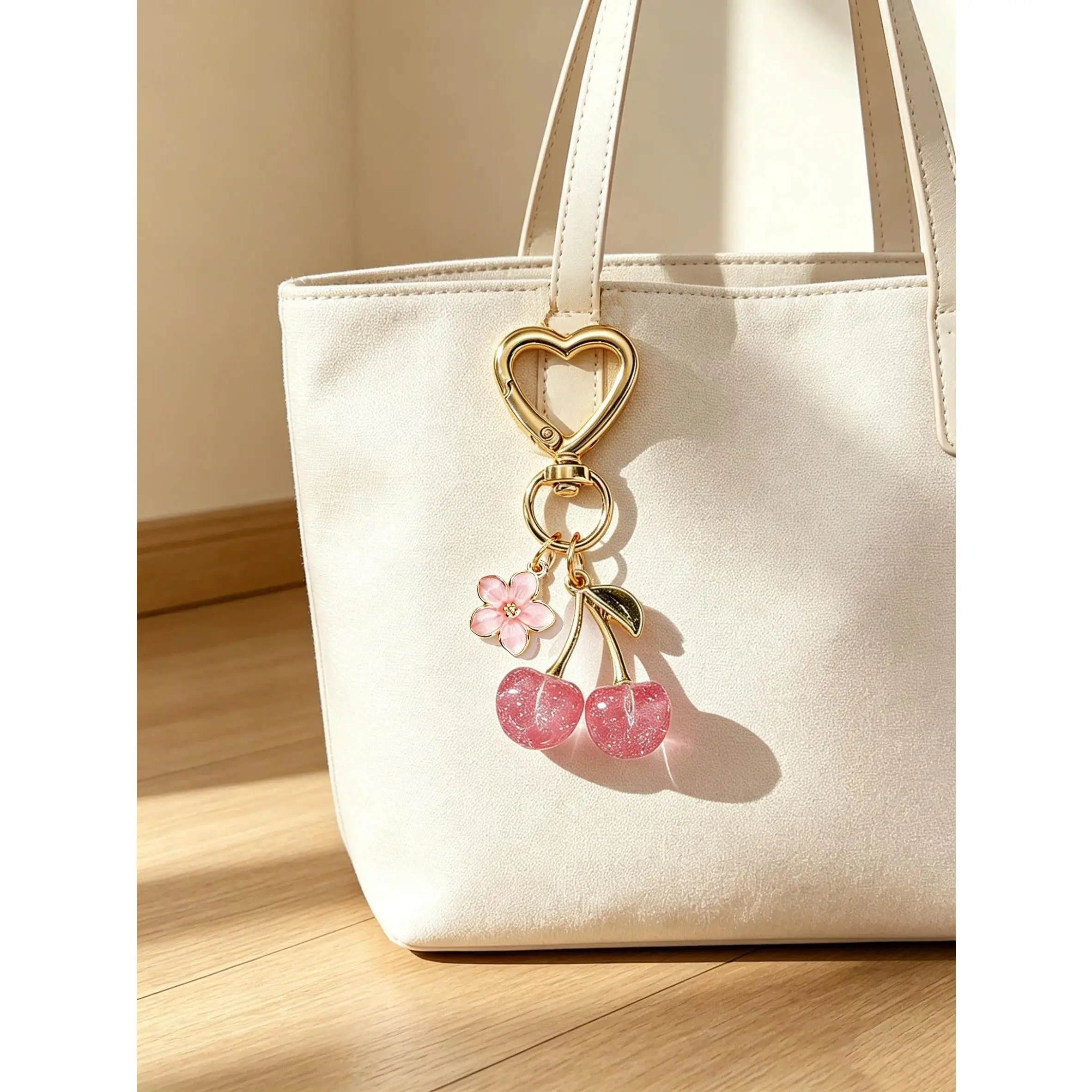 Cherry Flower Keychain for Women, Cute Glitter Cherry Charms, Heart Carabiner Key Ring, Aesthetic Bag Purse Charm, Mother's Day Gift, Best Gift, Keychain for Bags