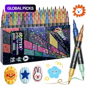 96 Color Dual Tip Glitter Markers Set, 12/24/36/48 Metallic Sparkle Pens, Water-Based Ink, Non-Toxic, Ideal for Cards, Crafts, Doodling, Adult Coloring Books, Art Materials, Crafting Supplies