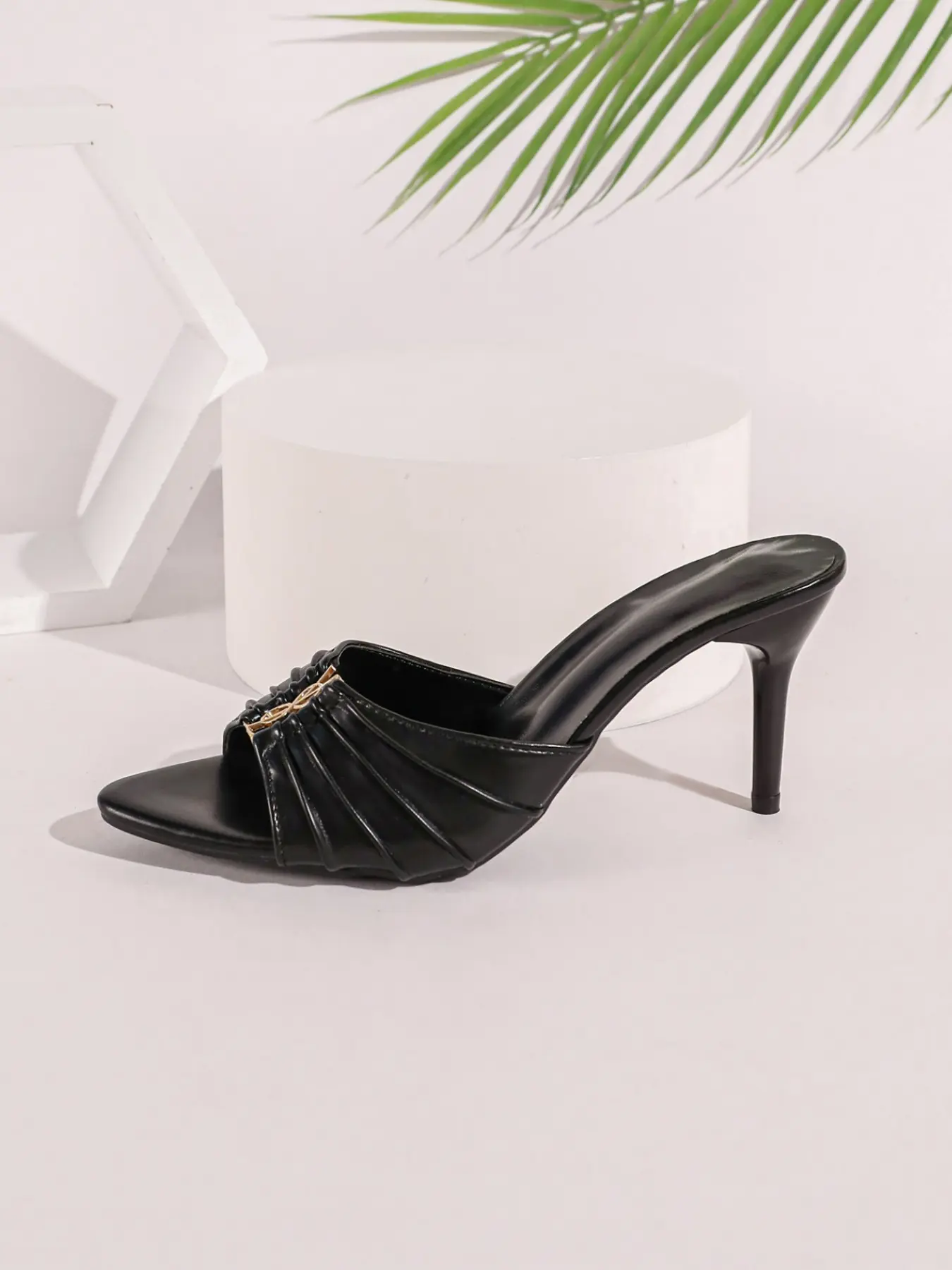 Women's Pleated Open-Toe Heeled Mules, Sexy Backless Outdoor High Heel Sandals, Elegant Party Shoes, Evening Event Footwear, PU Rubber Sandals