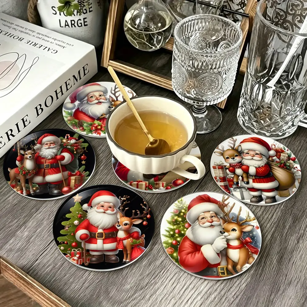 Christmas Theme Drink Coaster Set, Round Pet Material, Santa Claus & Reindeer Design, Ideal for Kitchen, Living Room, Party Gifts