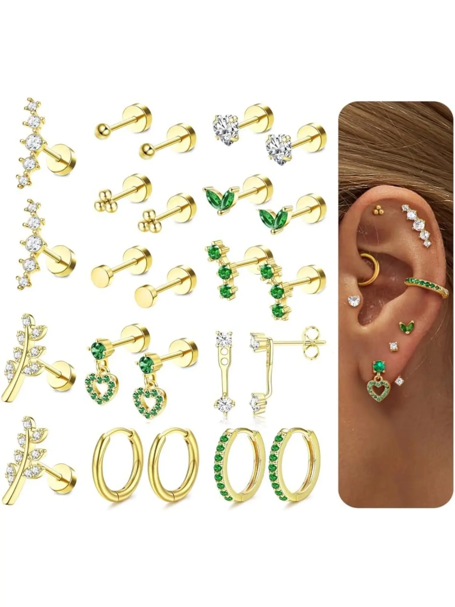 12 Pairs Stainless Steel Stud Hoop Earrings High Quality Earrings for Women 14k Gold Plated Flat Back Earrings Set for Multiple Piercing Helix Conch Hoop Earring Daith Tragus Piercings Jewelry Studs Earrings Hypoallergenic