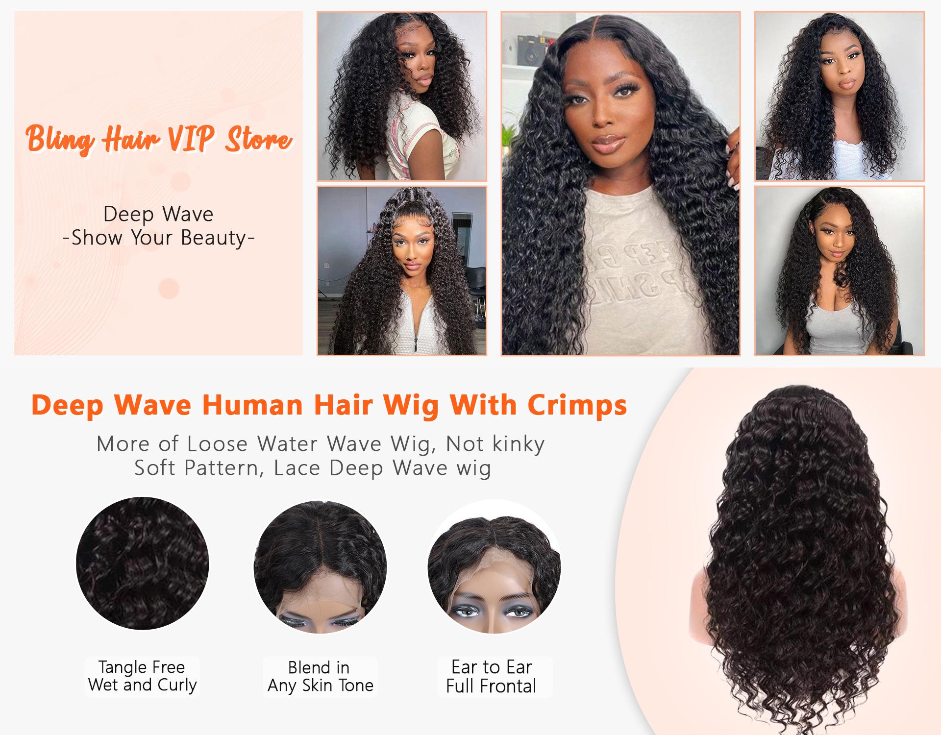 Bling Hair 34 36In Deep Wave Transparent Lace Wig Human Hair 13x4 13x6 Water Wave HD Lace Frontal Human Hair Wigs For Women Brazilian Remy Hair Natural Hairline Natural Black 180% #TikTokShopBlackFriday