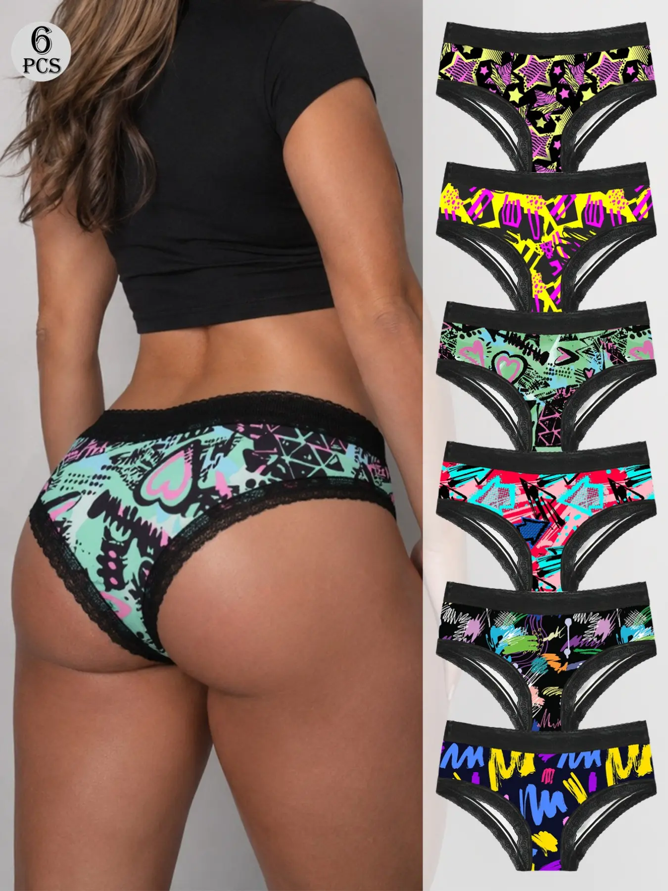 Morvia 6 Pack Bold Neon Graphic Lace Panties for Women, Playful Y2K Bikini Underwear, Smooth Stretch Fit, Party & Daily Wear