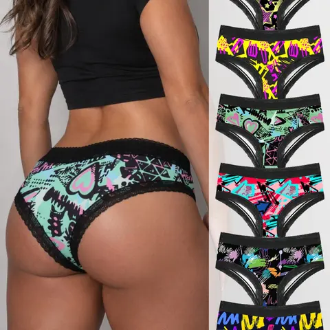Morvia 6 Pack Bold Neon Graphic Lace Panties for Women, Playful Y2K Bikini Underwear, Smooth Stretch Fit, Party & Daily Wear