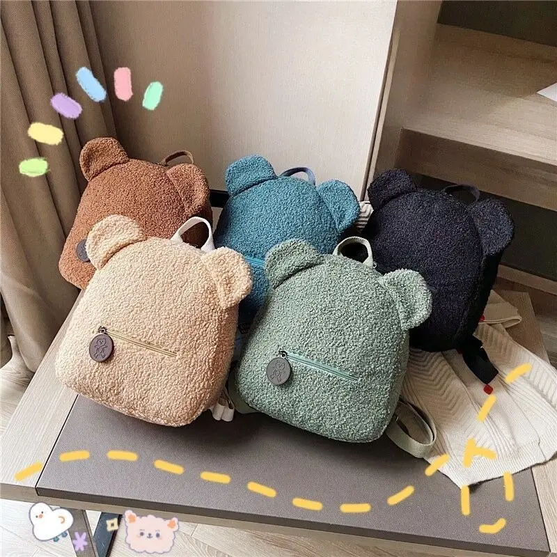 Back To School Cute Teddy Bear Ear Fluffy Plush Mini Backpack for Girls, Soft Fleece Cartoon Bear Shoulder Bag, Small Lightweight Daypack for Travel School Daily Use, 5 Colors Available Cross-Border Kids Backpack