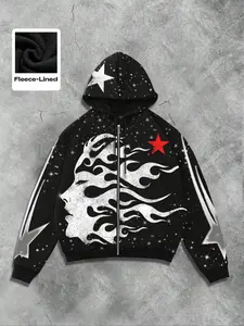 2026 Autumn/Winter New Flame Women's Face Portrait Hoodie Zipper Men's Hoodie with Dropped Shoulders and Velvet Warmth Men's Coat Star Pattern Portrait Cardigan Hoodie Women's Gothic Punk Hip Hop Trendy Brand Cardigan Couple's Hoodie