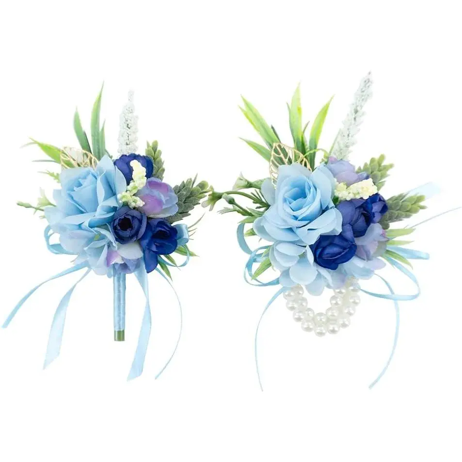 2 Pcs Wrist Corsage and Boutonniere Set, Blue Corsage for Wedding, Boutonniere for Men Artificial Rose Flower Wristlet Bracelet Prom Ceremony Anniversary Accessories Decor Suit