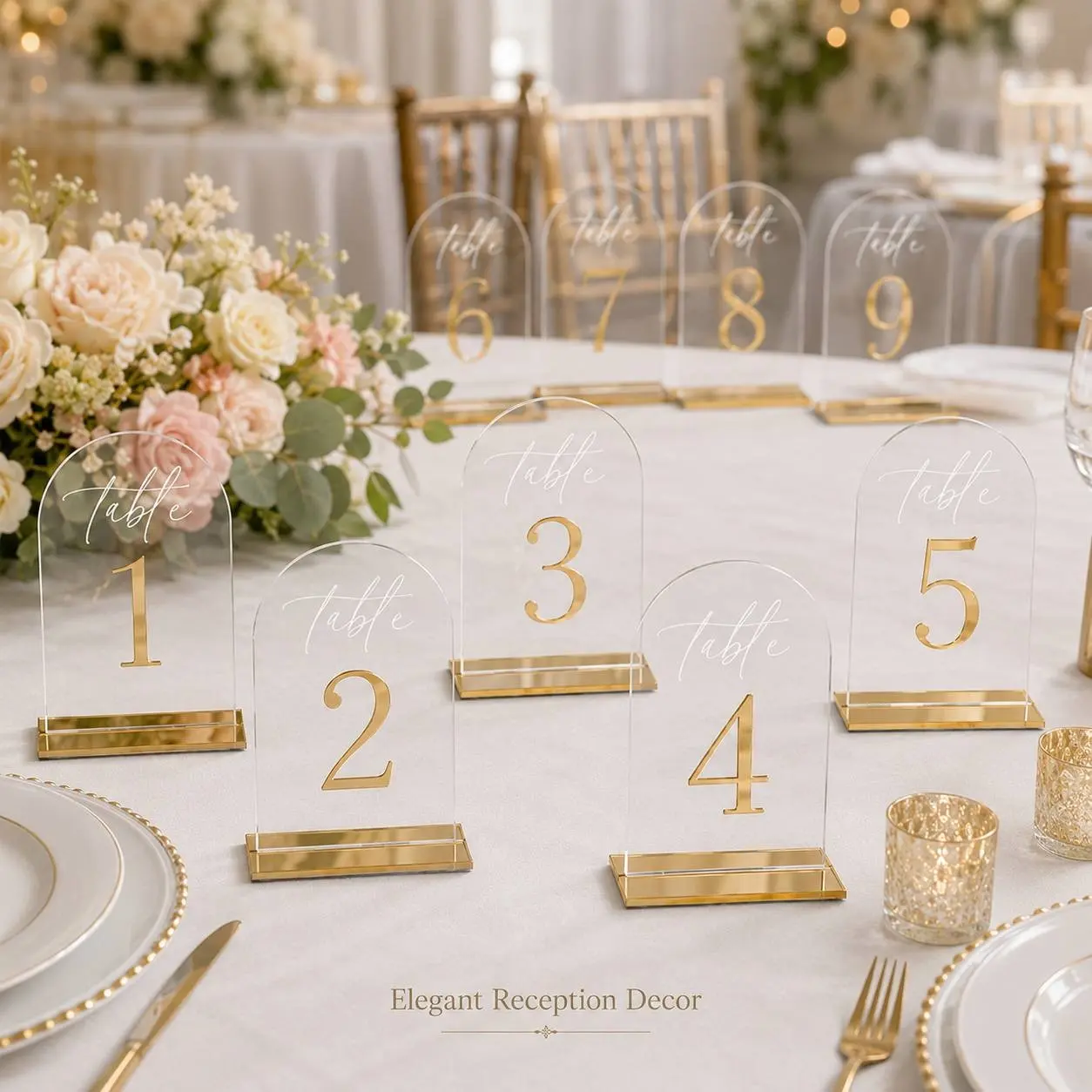Acrylic Wedding Table Number Plates, Center Decorations 1-20 with Bases, Transparent Golden Number Plates, Ideal for Wedding Receptions