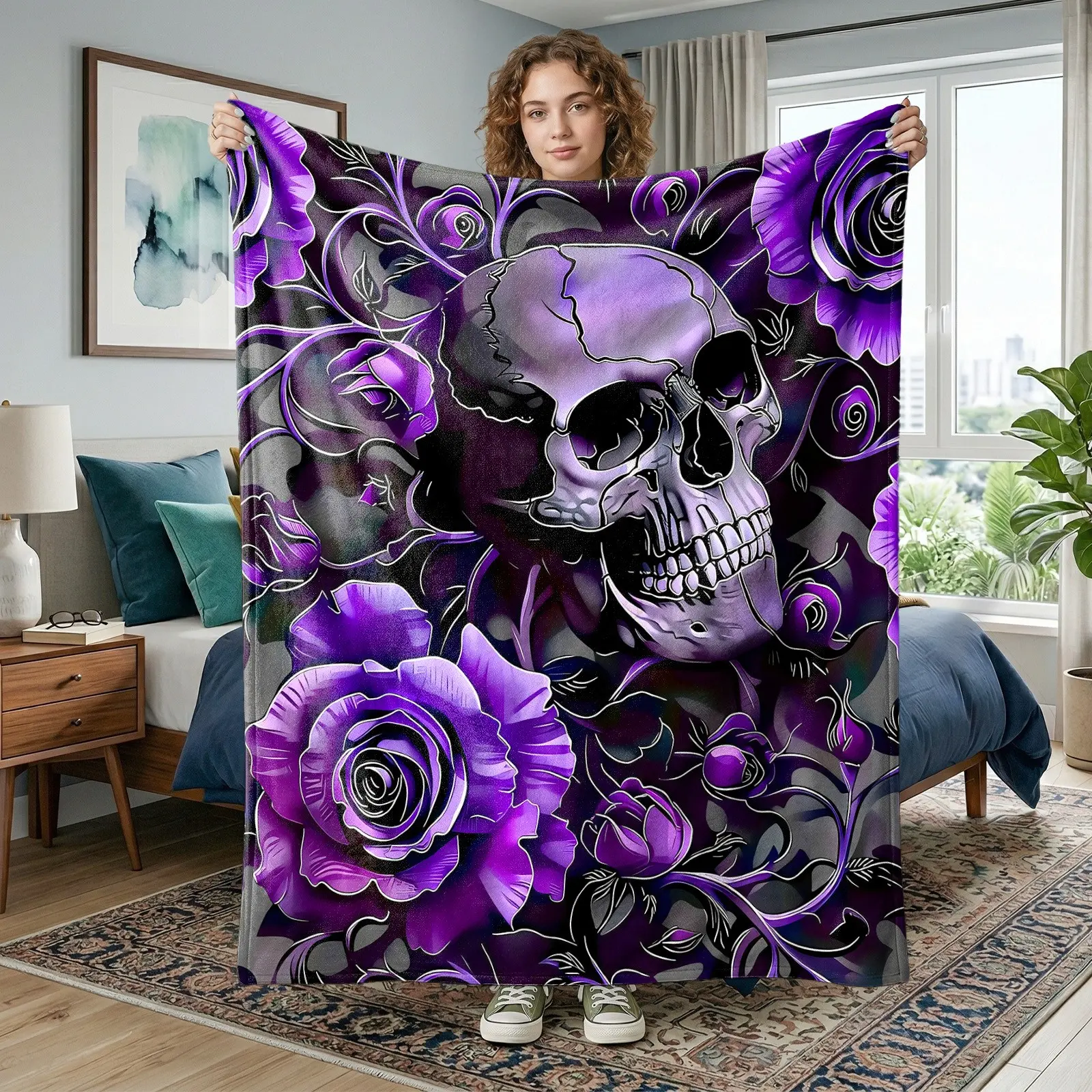 1pc Purple Rose Skull Gothic Fleece Blanket, Dark Tone Skull Floral Pattern, Vintage Gothic Vine Print. Soft Warm Multi-use Throw for Sofa, Bed, Office, Camping, Ideal Halloween Gift.
