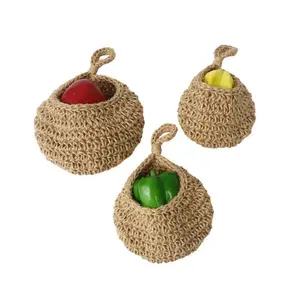 3-Piece Bohemian Boho Lace Wall Hanging Fruit Vegetable Basket 🧺✨ - Light Brown Fabric Hangable Storage Hooks, Multi-Use Organizer for Garlic/Onions/Fruits/Veggies, Pantry Baskets for Organizing, Ideal for Kitchen/Dining Room Decor, Black Friday Deal