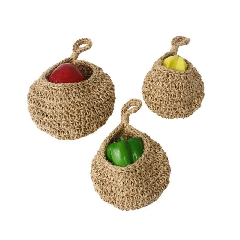 3-Piece Bohemian Boho Lace Wall Hanging Fruit Vegetable Basket 🧺✨ - Light Brown Fabric Hangable Storage Hooks, Multi-Use Organizer for Garlic/Onions/Fruits/Veggies, Pantry Baskets for Organizing, Ideal for Kitchen/Dining Room Decor, Black Friday Deal