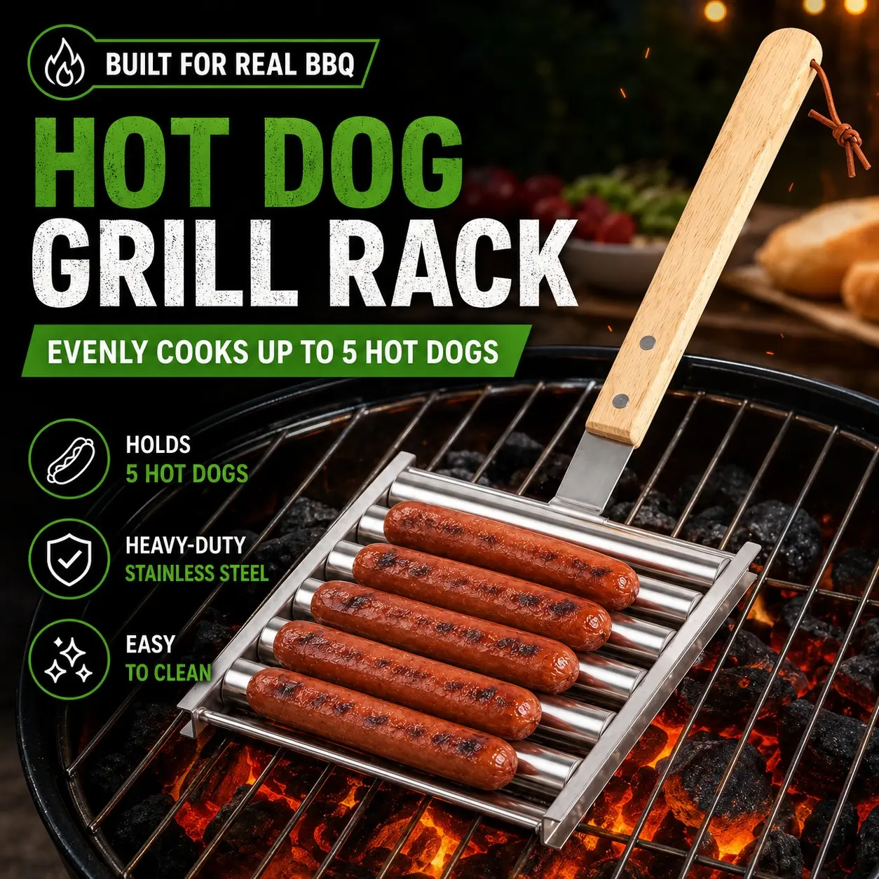 Hot Dog Grill Rack, Stainless Steel Sausage Roller for Grill, Holds 5 Hot Dogs with Extra-Long Detachable Wooden Handle, Easy to Clean BBQ Rack, Barbecue Utensils for Outdoor Grilling, Camping and Cookouts