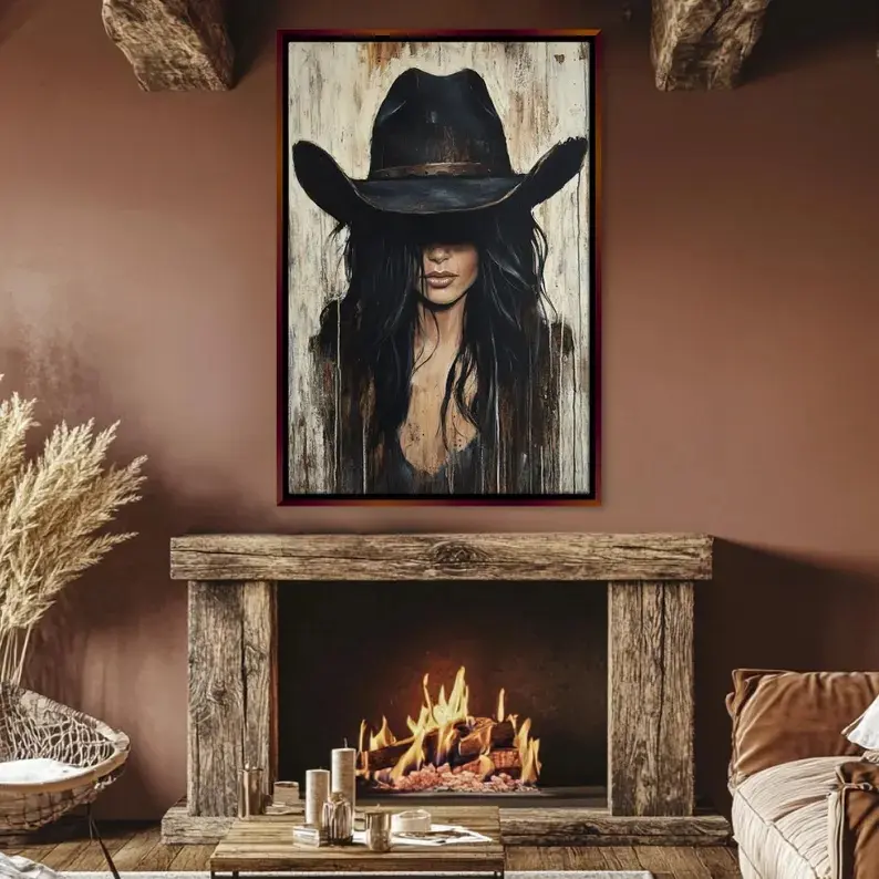 Black-Haired Cowgirl Western Wall Decor,  Female Canvas Print, Framed Unframed, Gallery-wrapped Giclée, Ready to Hang, Extra Large Wall Art