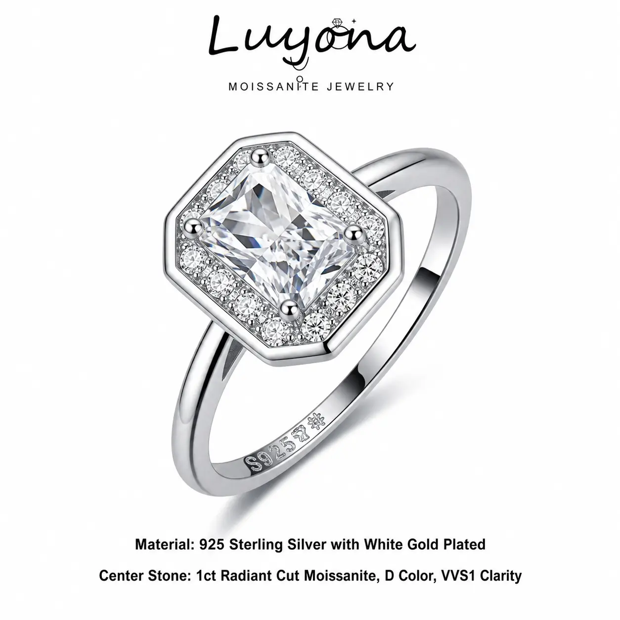 LUYONA Women's Radiant Cut Moissanite Halo Ring, 1 CT D Color VVS1 Clarity, 925 Sterling Silver Base Plated with 18K Gold & White Gold, Elegant Wedding Engagement Promise Band for Ladies