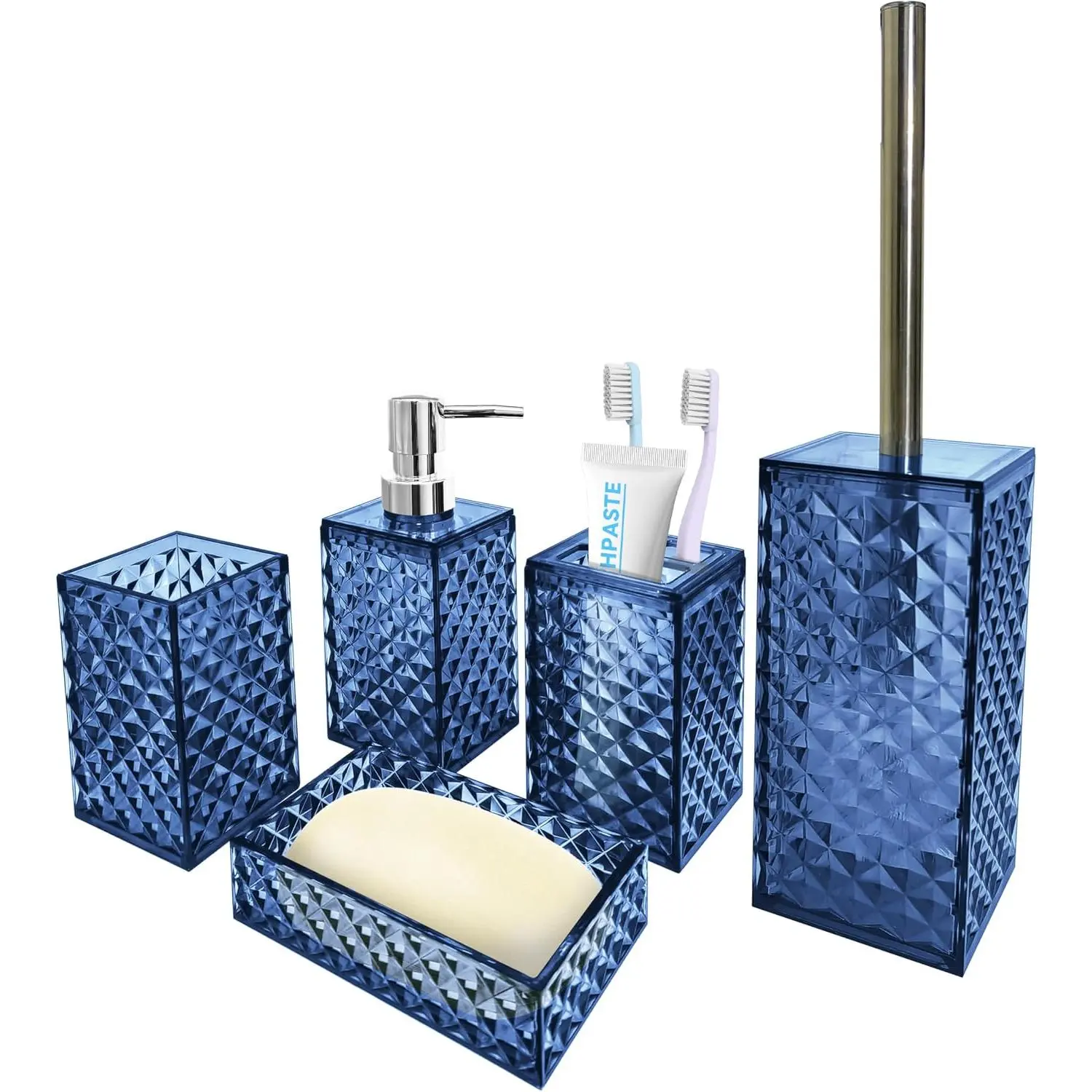 Bathroom Accessory Set, 5 count Blue Bathroom Accessories Sets Complete, Soap Dispenser,  Holder, Soap Dish, Mouthwash Cup and Toilet Brush, Modern Bathroom Décor