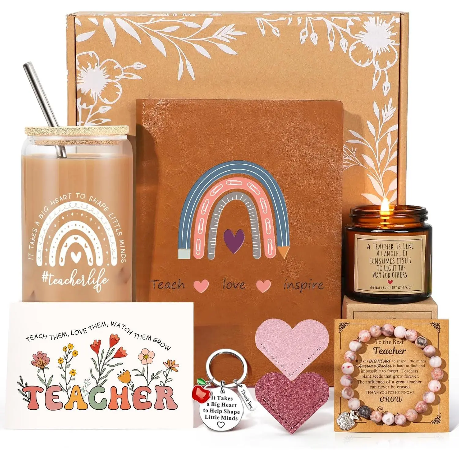 Teacher Appreciation Gifts for Women, Thank You Gifts for Teachers from Students – Teachers Day, End of Year, Graduation, Retirement, Birthday Gift Basket with 16oz Drinking Cup, Journal(Brown)