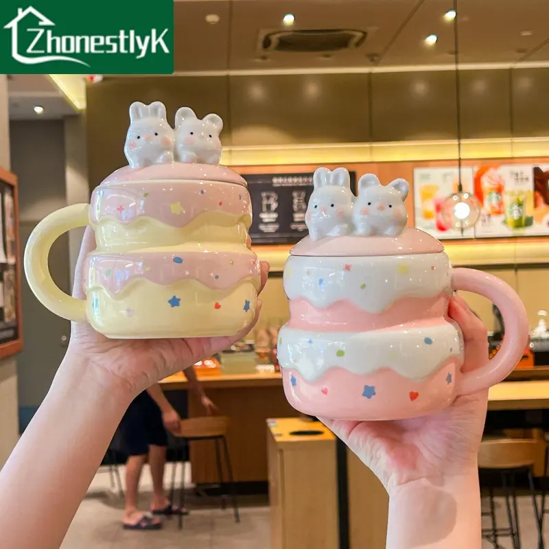 Kawaii 3D Rabbit Double-Layer Cake Ceramic Mug with Lid & Spoon, Cute Animal Shape Coffee Tea Cup, Creative Birthday Gifts for Her, Kids, Friends