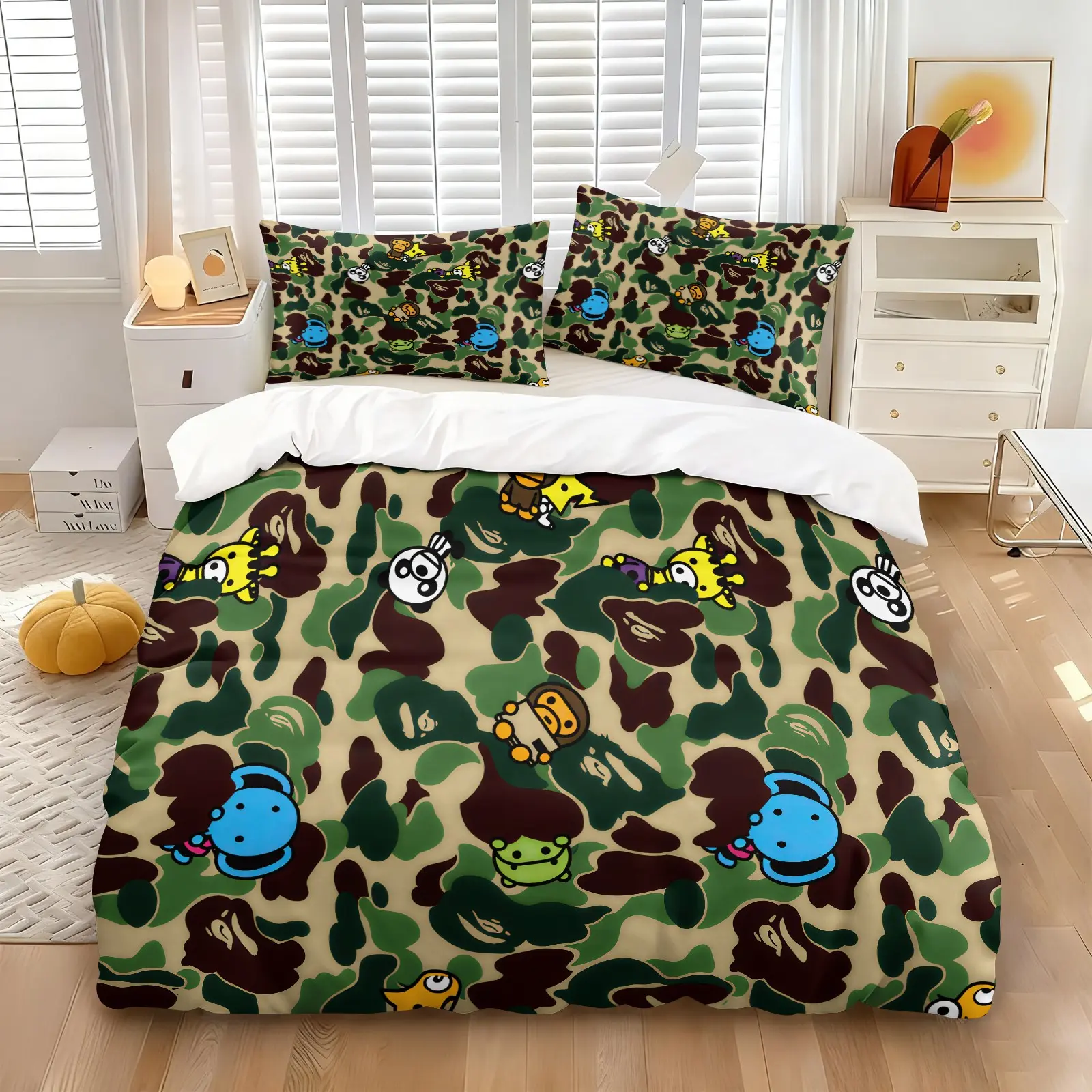 BAPE Trendy Printed Duvet Cover Set Includes One Duvet Cover and 1-2 Pillowcases. the Bedding Set is Covered in BAPE Mascot Designs, Making it a Great Collectible for Enthusiasts and a Suitable Room Decorating Option for Boys and Teenagers