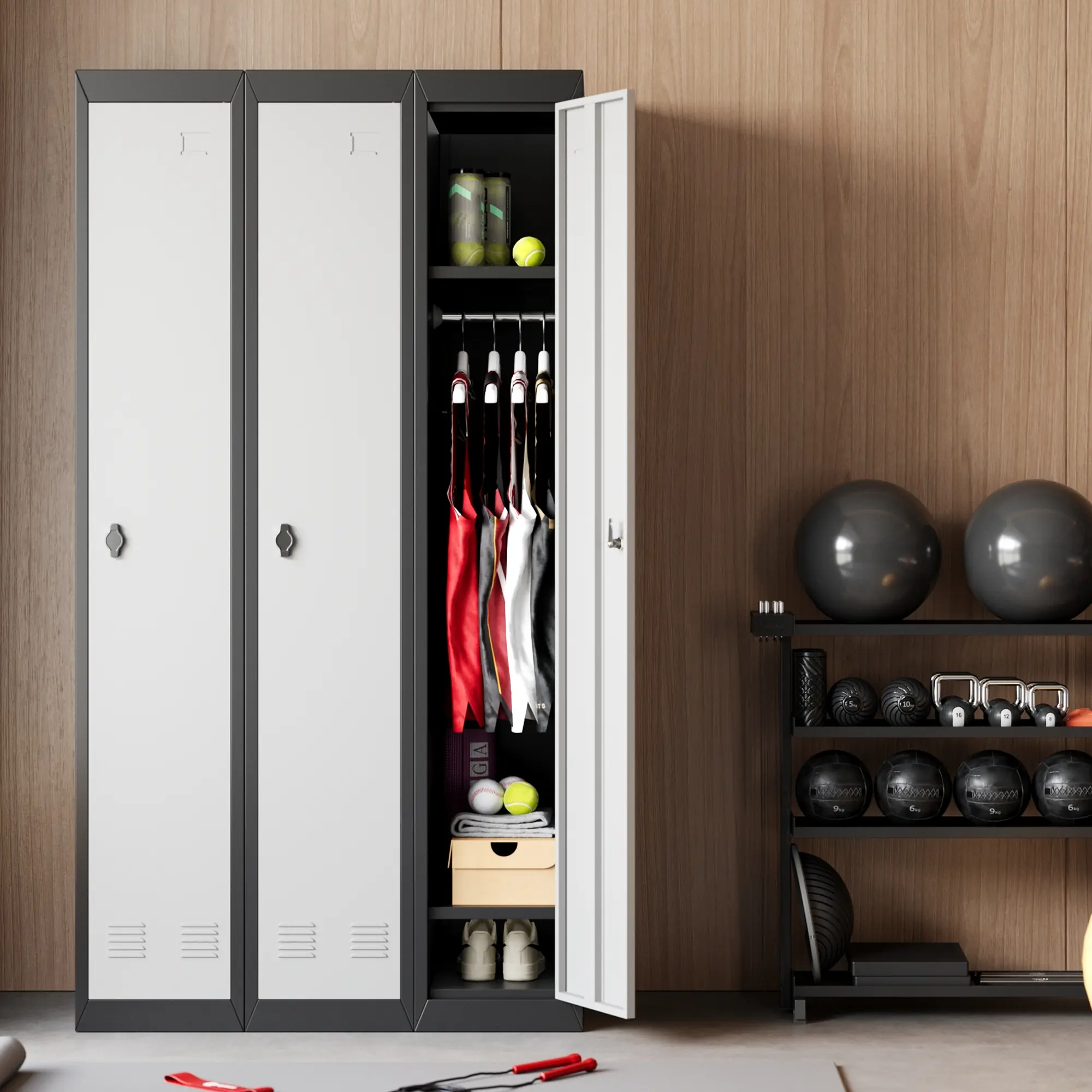 71'' Tall Steel Locker Cabinet with Lock, Adjustable Shelves & Hanging Rod, Heavy-Duty Metal Storage Organizer for Employee, Office, School, Gym, Garage, Slim & Rust-Resistant Design - Grey/Black