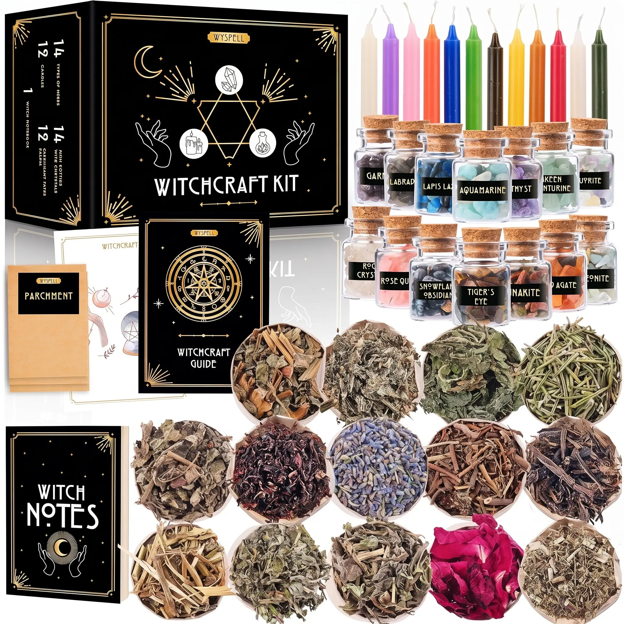 Witchcraft Supplies Kit for Witch Altar 54PCS - Spell Candles for Witches - Crystals Spell Jars for Witches - Herbs for Spells - Beginner Witch Starter Box - Witchcraft Kit