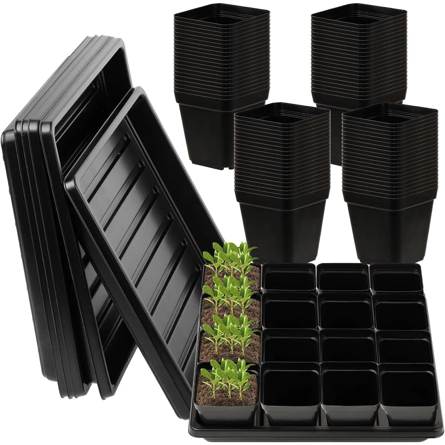 2.4 inch 80 count Square  Pots with Drain Holes and 5 count Plastic  Growing Trays, Seed Starter Kit Propagation Tray Seed Starting Pots for Seedling  Growing