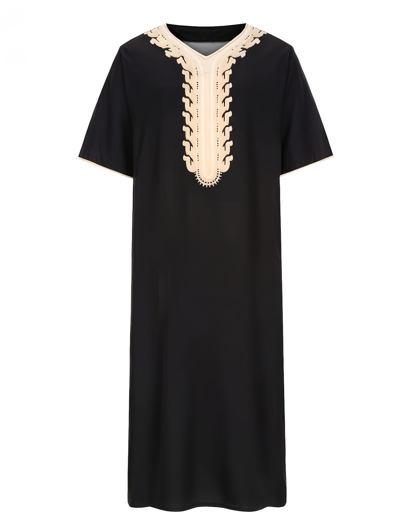 Men Islamic Robe Muslim Kaftan Half Sleeve V Neck Vintage Casual Dubai Saudi Arabia Men Clothing Embroidery Jubba Thobe