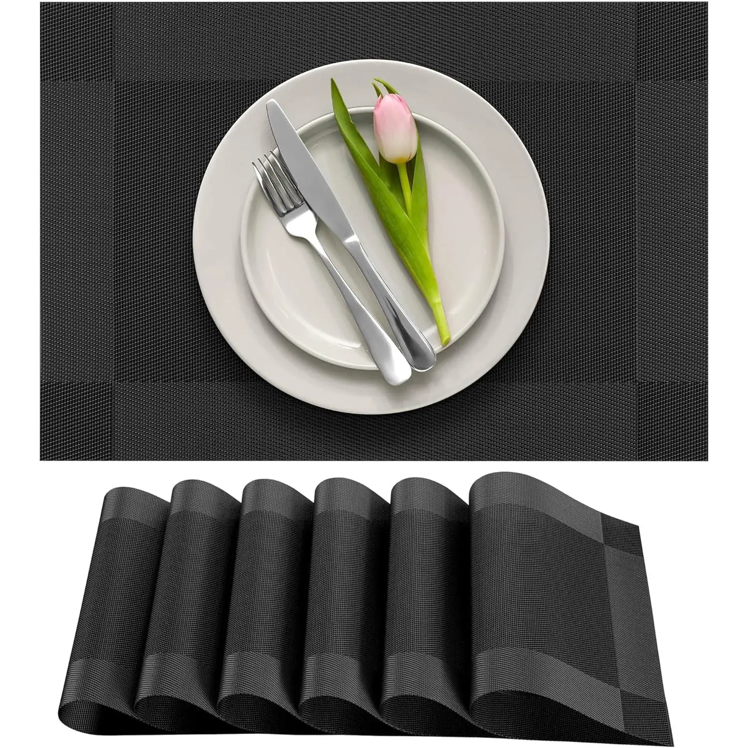 Dining Table Placemats, Washable Heat-Resistant PVC Vinyl Table Mats for Dining Room and Kitchen, Anti-Slip - Set of 6 -Black