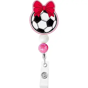 Funny  Bow Soccer Badge Reel, Cute Beaded Football Badge Holder Retractable ID Clip  Clip, for RN CNA LPN   Worker  Teacher Student Fans Players  Journalists