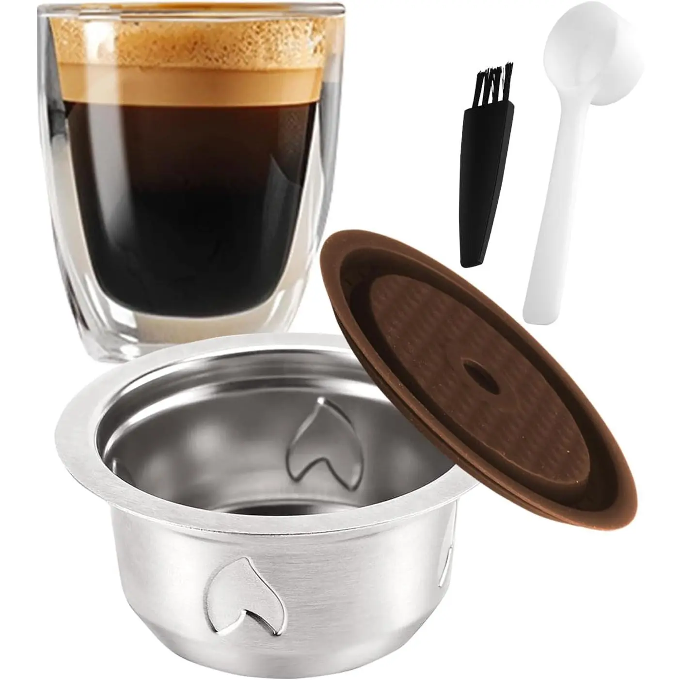 Reusable Coffee Pods (7.77oz/230ml Coffee Cup), Stainless Steel Refillable Coffee Capsules for Vertu Machine, ONLY Compatible with Vertu pop & Vertu next, with 1 Pcs Silicone Lids, Scoop, Brush