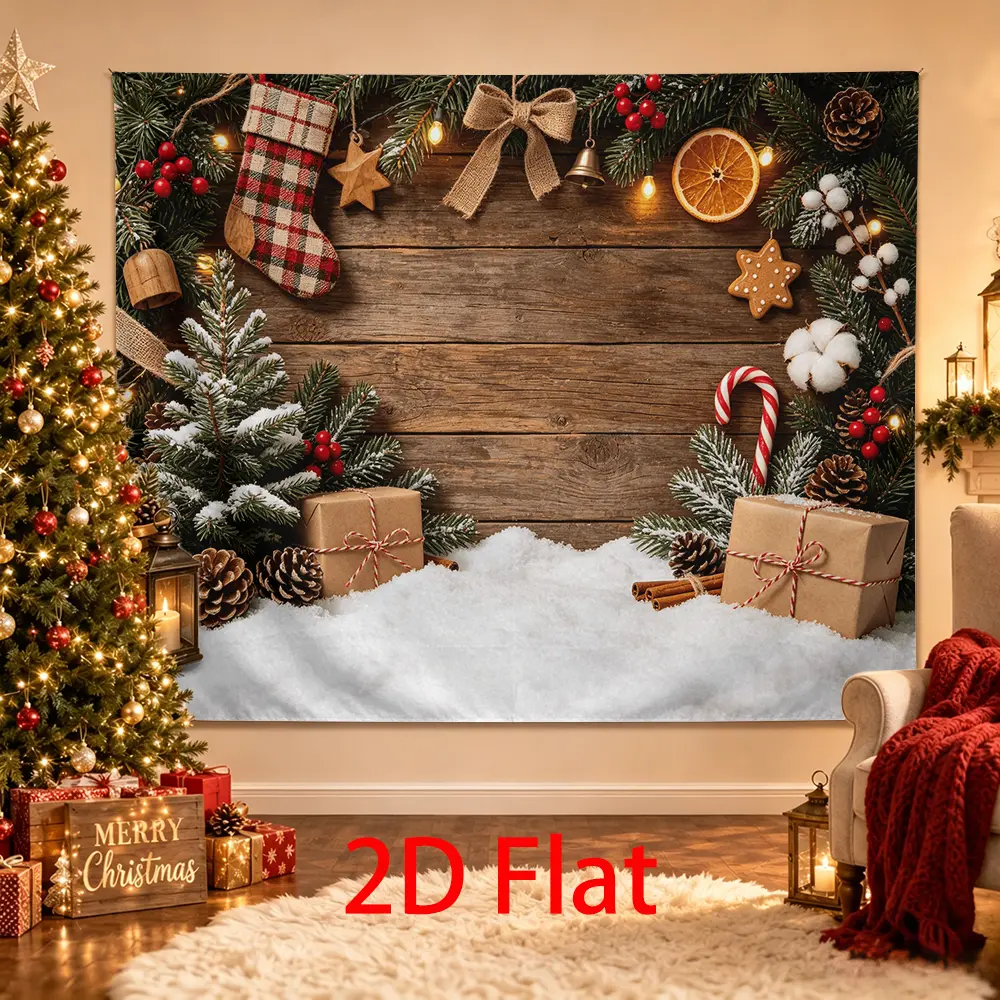 Rustic Farmhouse Christmas Photography Backdrop, Wood Home & Festive Party Banner with Plaid Stocking, Burlap Bow, Pinecones, Candy Cane