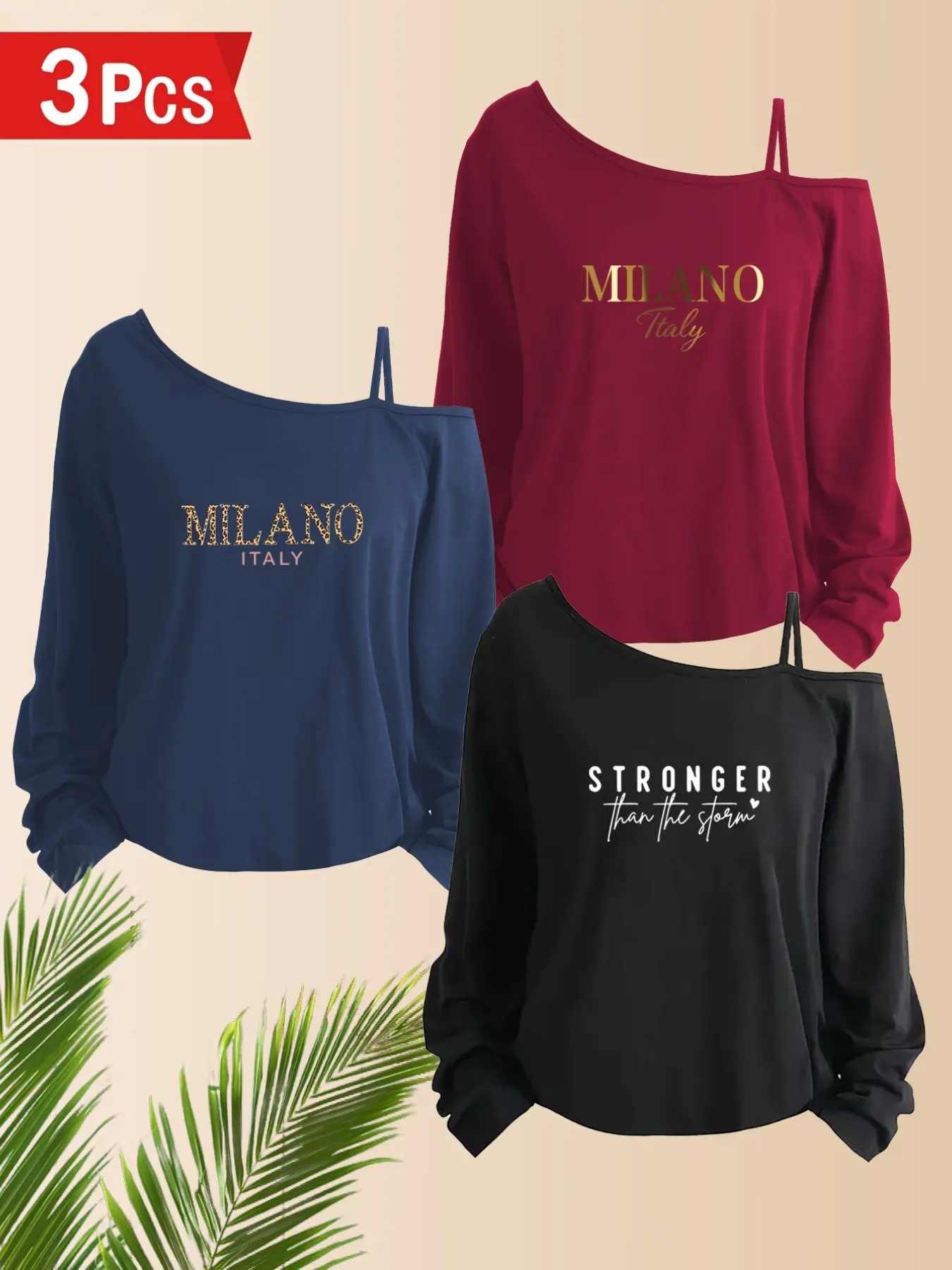 3pc Women's Casual Asymmetrical Shoulder Long Sleeve Top, Elegant Letter Print, Drop Shoulder Design, Breathable Stretch Fabric