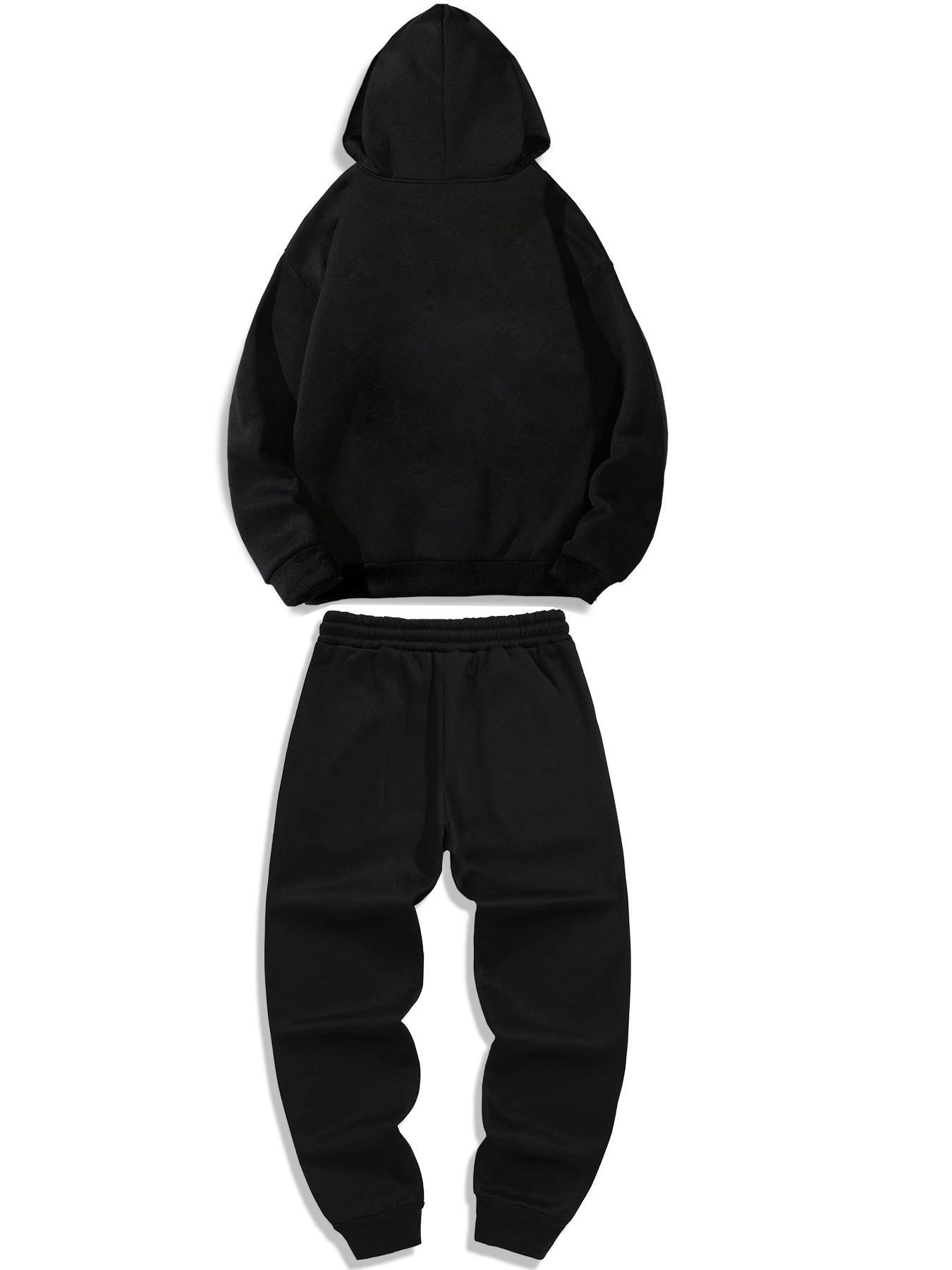 Men's Letter Print Half Zip Up Hooded Sweatshirt & Drawstring Waist Sweatpants Two-piece Set, Regular Fit Casual Drop Shoulder Long Sleeve Hoodie & Pocket Jogger Pants, Men's Two Piece Outfits for Daily Workout Running, Streetwear Tracksuit Set